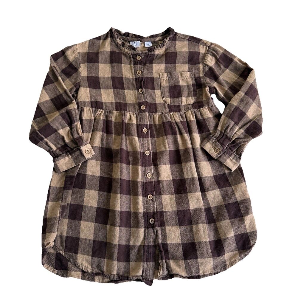 Gap Kids Girls Brown Plaid Flannel Shirt Dress Casual Neutral Button Up Sz XS